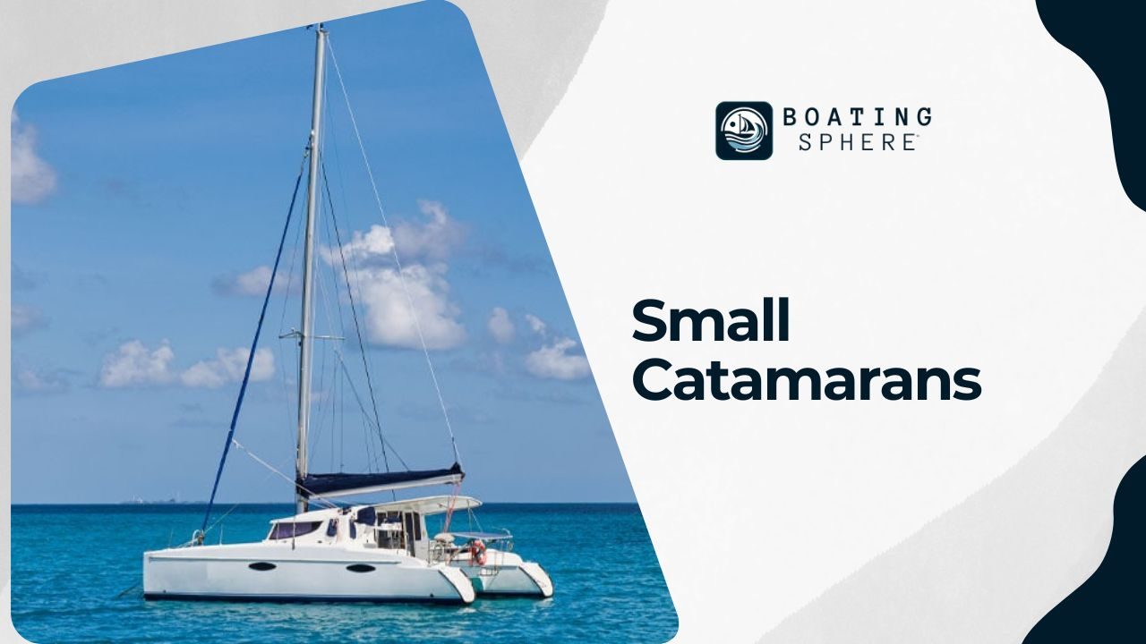 A small catamaran sails smoothly, its twin hulls offering stability and speed.